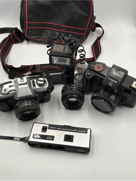 Canon Other - Vintage Camera Lot Minolta Canon Kodak Instamatic 60 Lenses Flash Case